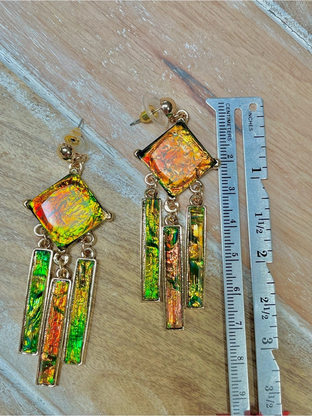 Gold-Tone Iridescent Green Dangle Earrings - Women Jewelry - Picture 4 of 4